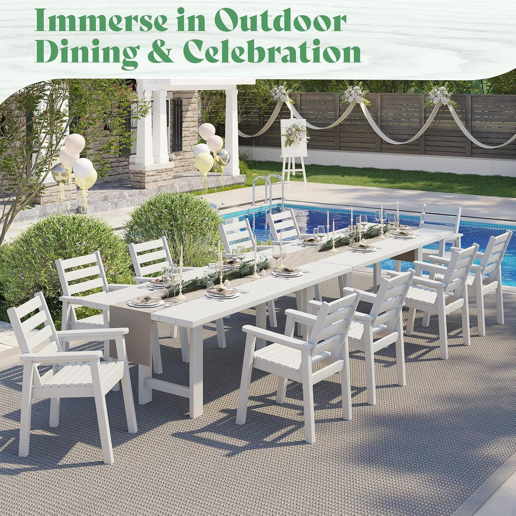 AMERLIFE Patio Dining Sets for 12 Person, HDPE Dining Set with 2 Tables, 12 Dining Chairs and Umbrella Hole for Backyard, Poolside, Porch, Seaside, White
