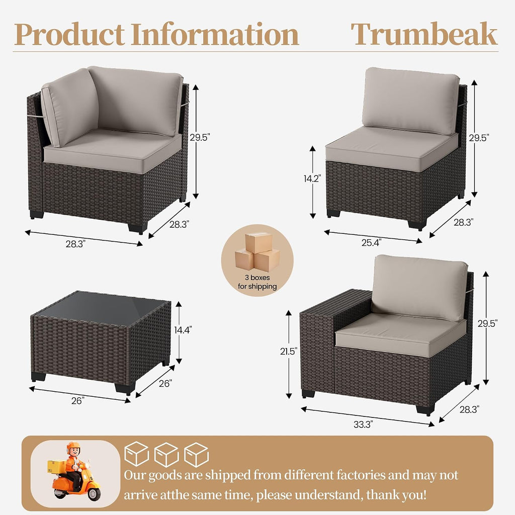 Patio Furniture Set 6 Pieces Outdoor Sectional Sofa Set,PE Rattan Wicker Patio Conversation Set with Thickened Cushions and Glass Coffee Table,Sand