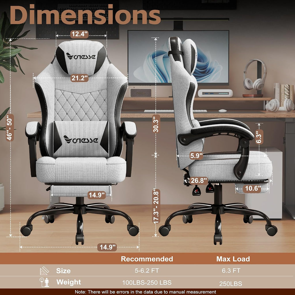 Vonesse Office Chair, Gaming Chair with Linen Breathable Mesh Fabric, Desk Chair with Adjustable Lumbar Support, Executive Computer Chairs with Footrest and Headrest (Light Gray)