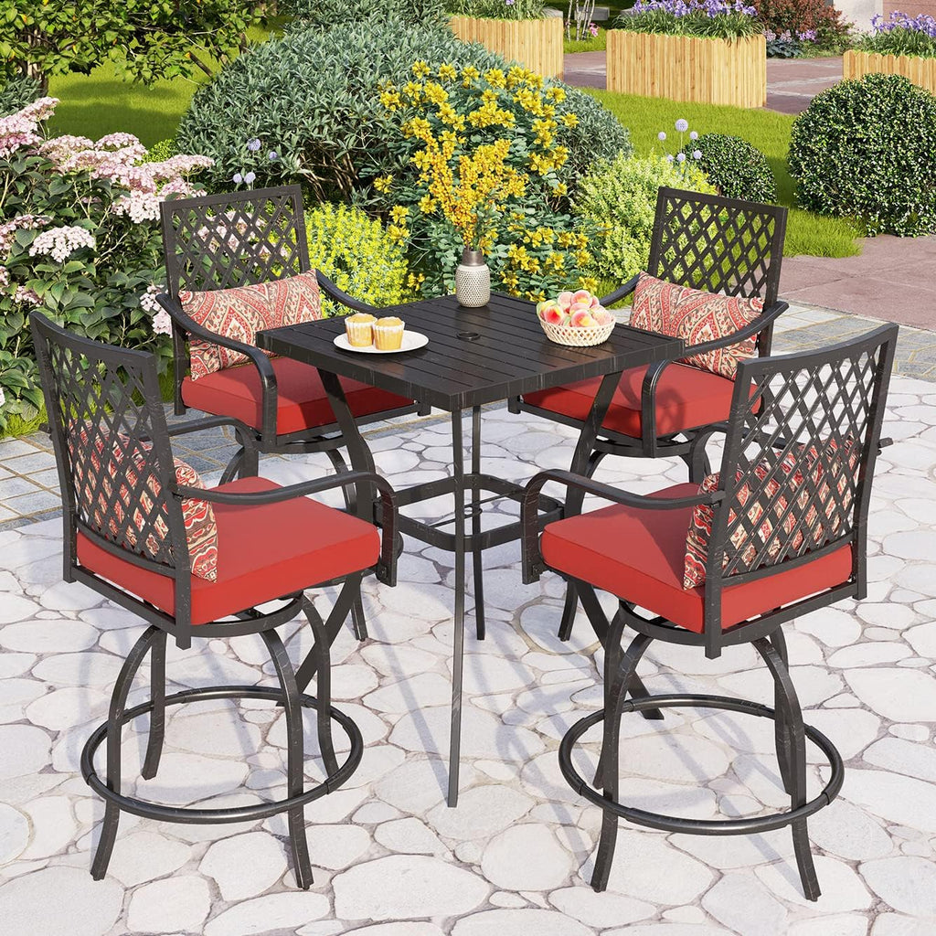 PHI VILLA 5 Piece Outdoor Bar Furniture Set, Counter-Height Patio Bistro Table & Swivel Bar Stools Chairs with Red Cushion for Garden, Backyard, Deck