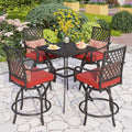 PHI VILLA 5 Piece Outdoor Bar Furniture Set, Counter-Height Patio Bistro Table & Swivel Bar Stools Chairs with Red Cushion for Garden, Backyard, Deck