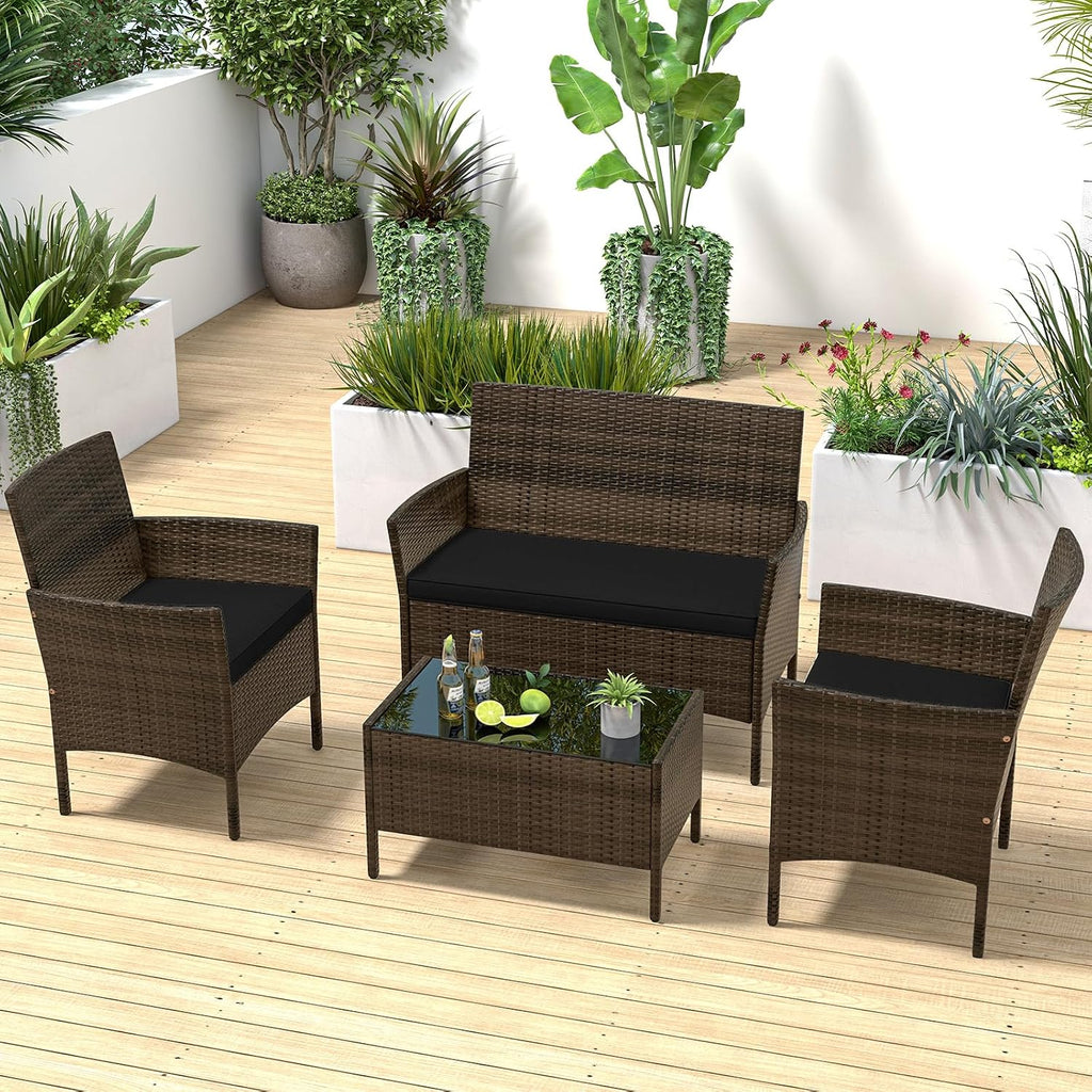RELAX4LIFE 4-Piece Patio Furniture Set - Rattan Outdoor Conversation Bistro Set w/Cushions, Glass Coffee Table, Wicker Chairs & Loveseat for Garden Backyard Porch, Balcony Furniture Set (1, Black)