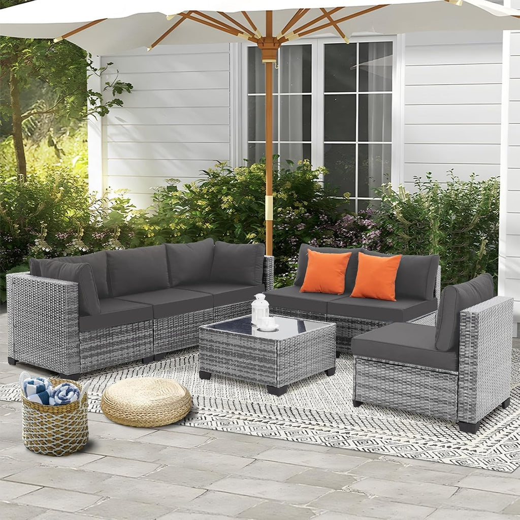 FHFO 7 Piece Outdoor Wicker Patio Furniture Set, Rattan Sectional Sofa Couch, Patio Conversation Set with Cushion & Coffee Table, for Backyard Poolside Porch Garden, Grey-Grey
