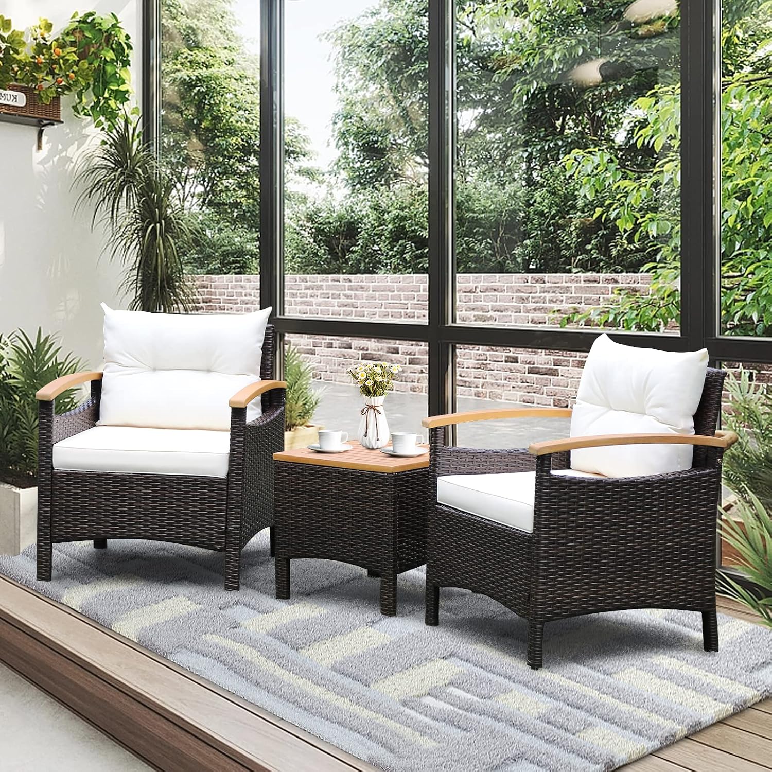 Tangkula 3-Piece Patio Furniture Set, Patiojoy Outdoor Rattan Sofa Set with Coffee Table, Patio Conversation Set with Removable Cushion, Cozy Acacia Wood Armrests for Backyard, Poolside (Off White)