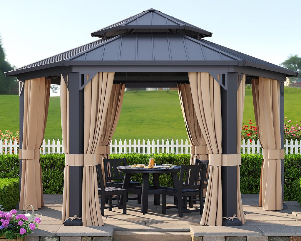 AMERLIFE 13X15FT Hardtop Gazebo, Hexagon Metal Patio Gazebo, Double Tiered Patio Pavilion with Aluminum Foot, Ceiling Hook, for Patio Lawn Garden, Backyard Shade, Netting and Curtains Included
