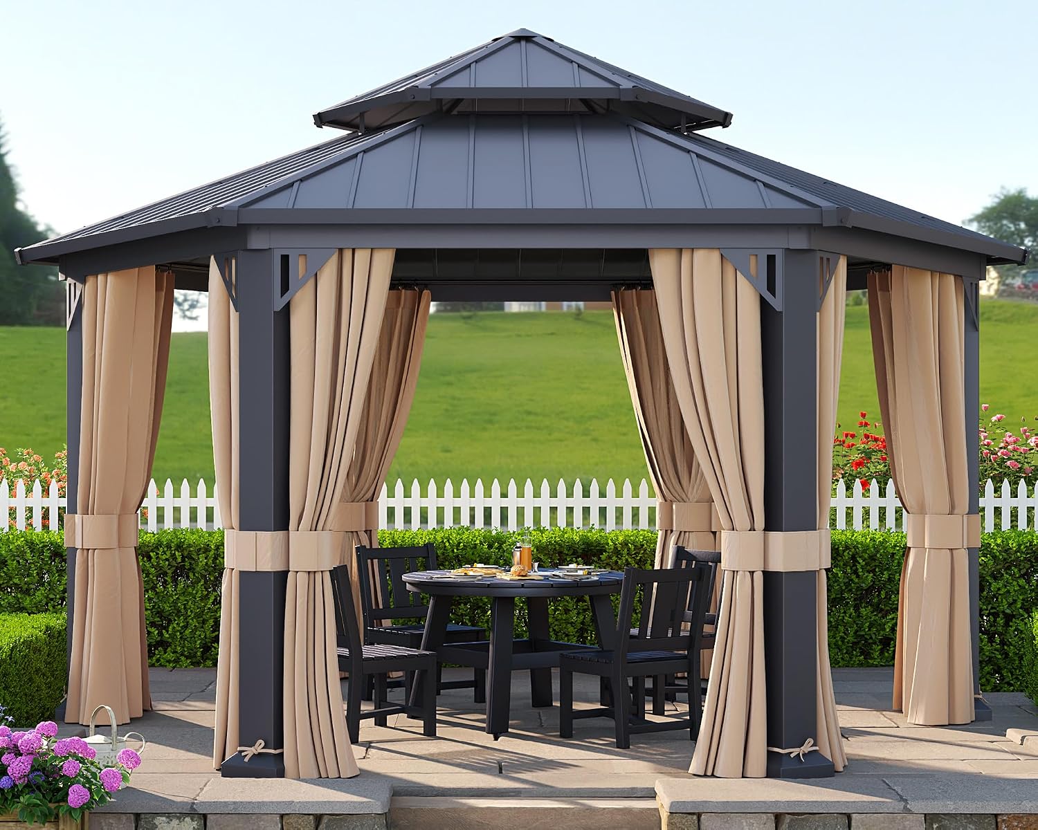AMERLIFE 13X15FT Hardtop Gazebo, Hexagon Metal Patio Gazebo, Double Tiered Patio Pavilion with Aluminum Foot, Ceiling Hook, for Patio Lawn Garden, Backyard Shade, Netting and Curtains Included