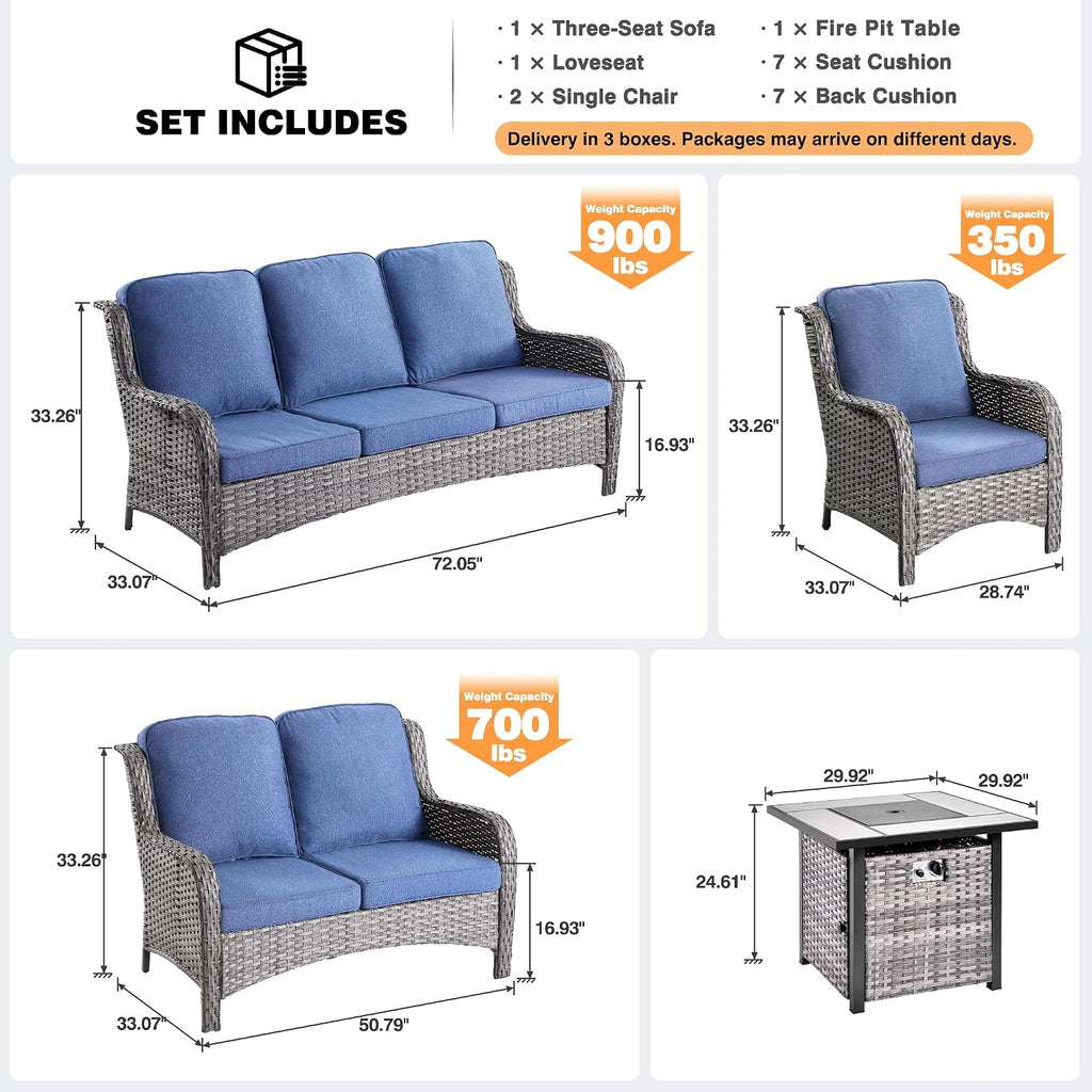 ovios 5 Pieces Patio Furniture Set with 30' Fire Pit Table, Outdoor Wicker Sofa with Loveseat, Comfy Cushions, High Back Couch Conversation Set, Grey Rattan, Denim Blue