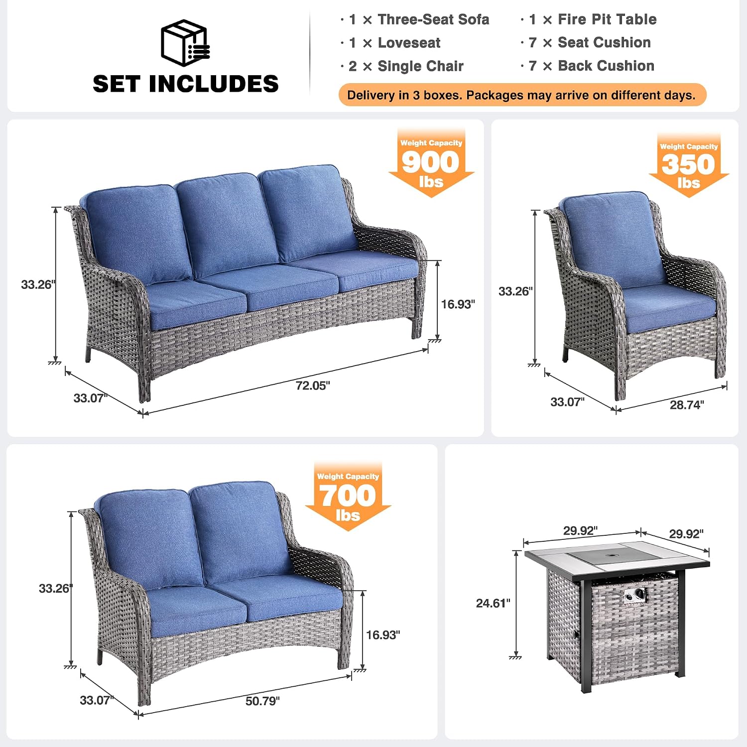 ovios 5 Pieces Patio Furniture Set with 30' Fire Pit Table, Outdoor Wicker Sofa with Loveseat, Comfy Cushions, High Back Couch Conversation Set, Grey Rattan, Denim Blue