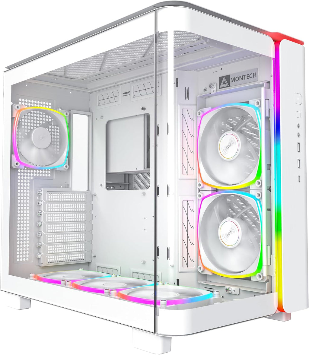 MONTECH King 95 PRO Dual-Chamber ATX Mid-Tower PC Gaming Case, High-Airflow, Toolless Panels, Sturdy Curved Tempered Glass Front, 6 ARGB PWM Fan Pre-Installed with Fan Hub, White
