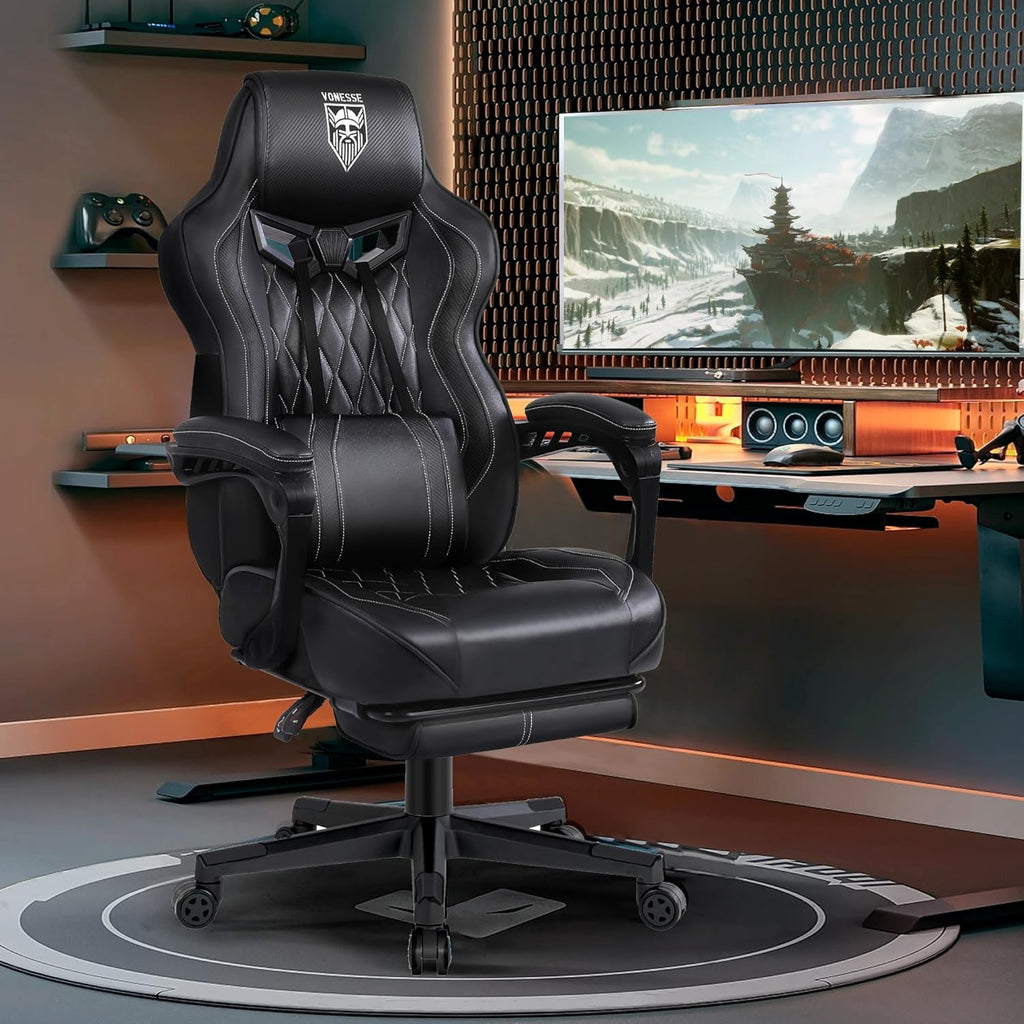 Vonesse Gaming Chair, Computer Office Chair with Footrest, Reclining Gaming Chairs for Adults, Big and Tall Ergonomic Gaming Chair with Lumbar Support and Massage (Black)