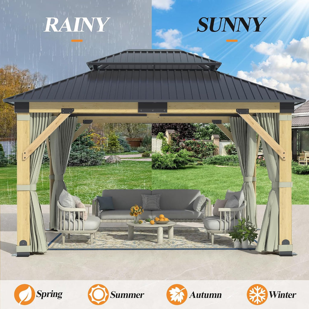 GARTOO 11'x13' Outdoor Patio Wooden Gazebo - Patio Galvanized Steel Hardtop Pavilion with Double Curtains, Vented Wood Gazebo for Garden, Porch, Poolside, Lawn, Backyard
