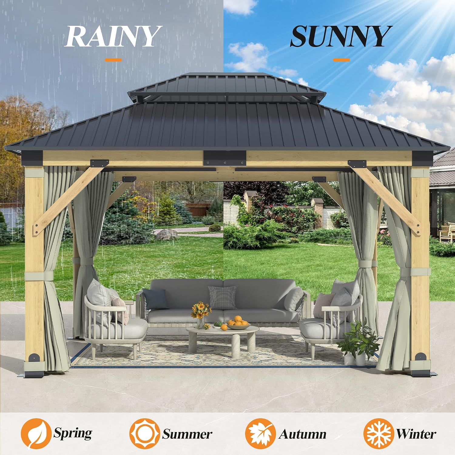 GARTOO 11'x13' Outdoor Patio Wooden Gazebo - Patio Galvanized Steel Hardtop Pavilion with Double Curtains, Vented Wood Gazebo for Garden, Porch, Poolside, Lawn, Backyard