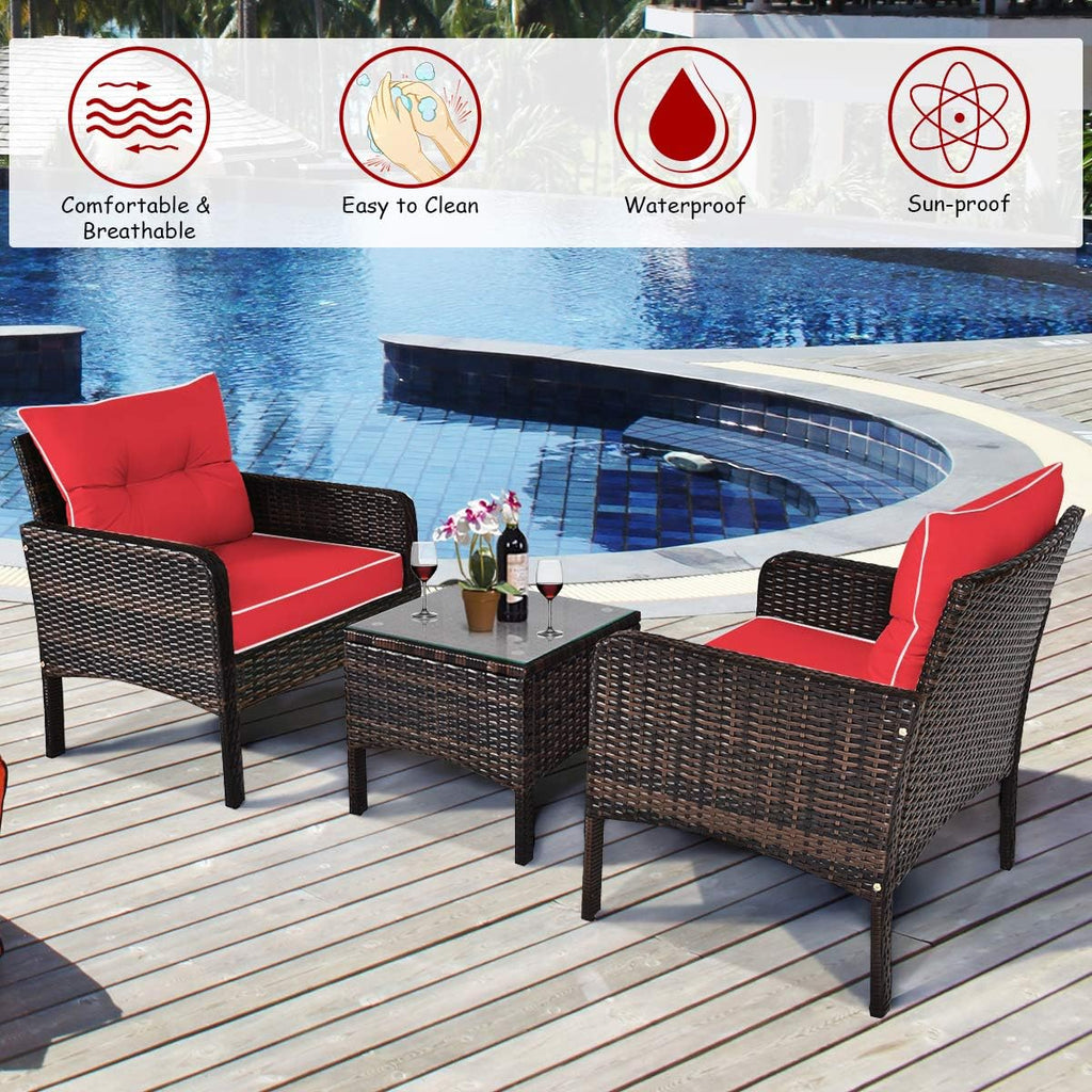HAPPYGRILL 3 Pieces Patio Furniture Set Outdoor Rattan Wicker Coffee Table & Chairs Set with Seat Cushions Patio Conversation Set for Garden Balcony Backyard Poolside