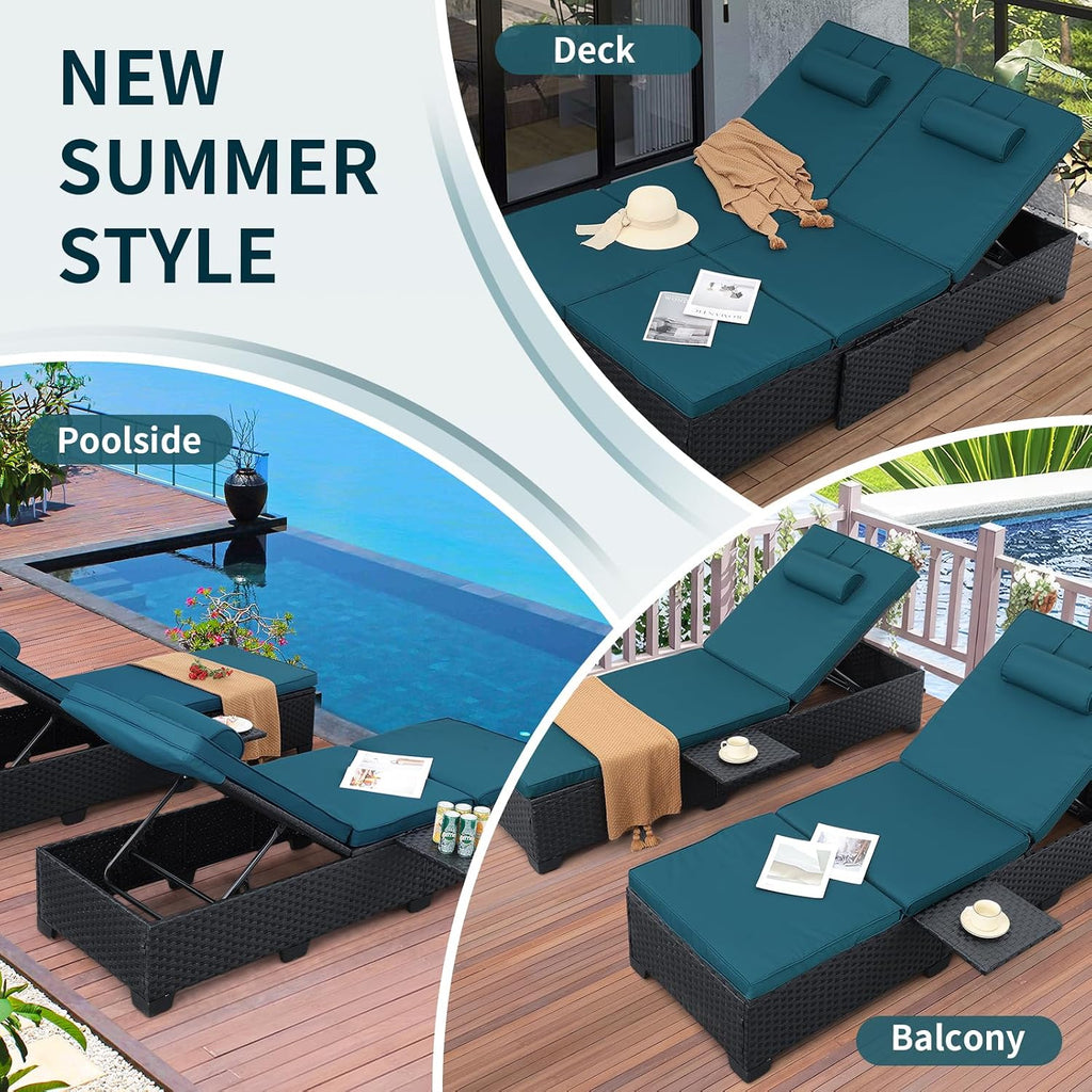 WAROOM Outdoor Chaise Lounge Chairs for Outside Patio Furniture Set of 2 Wicker Recliner Black Rattan Sunbathing Lounger Adjustable Backrest Pool Reclining Chair, Peacock Blue Cushion