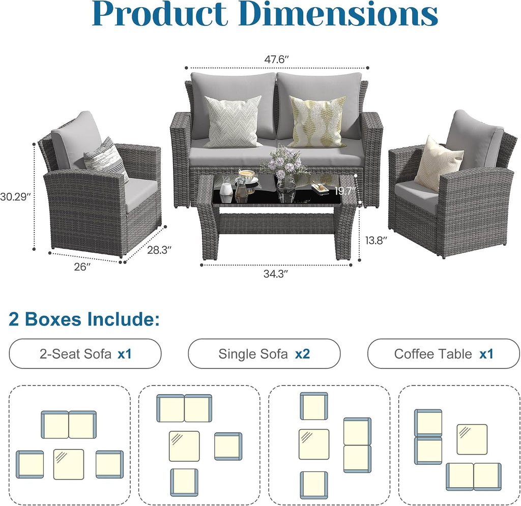Solaste 4 Piece Outdoor Patio Furniture Set, Outdoor Sectional Sofa with Tempered Glass Coffee Table and Cushions, Wicker Rattan Patio Set for Backyard, Front Porch, Balcony, Gray