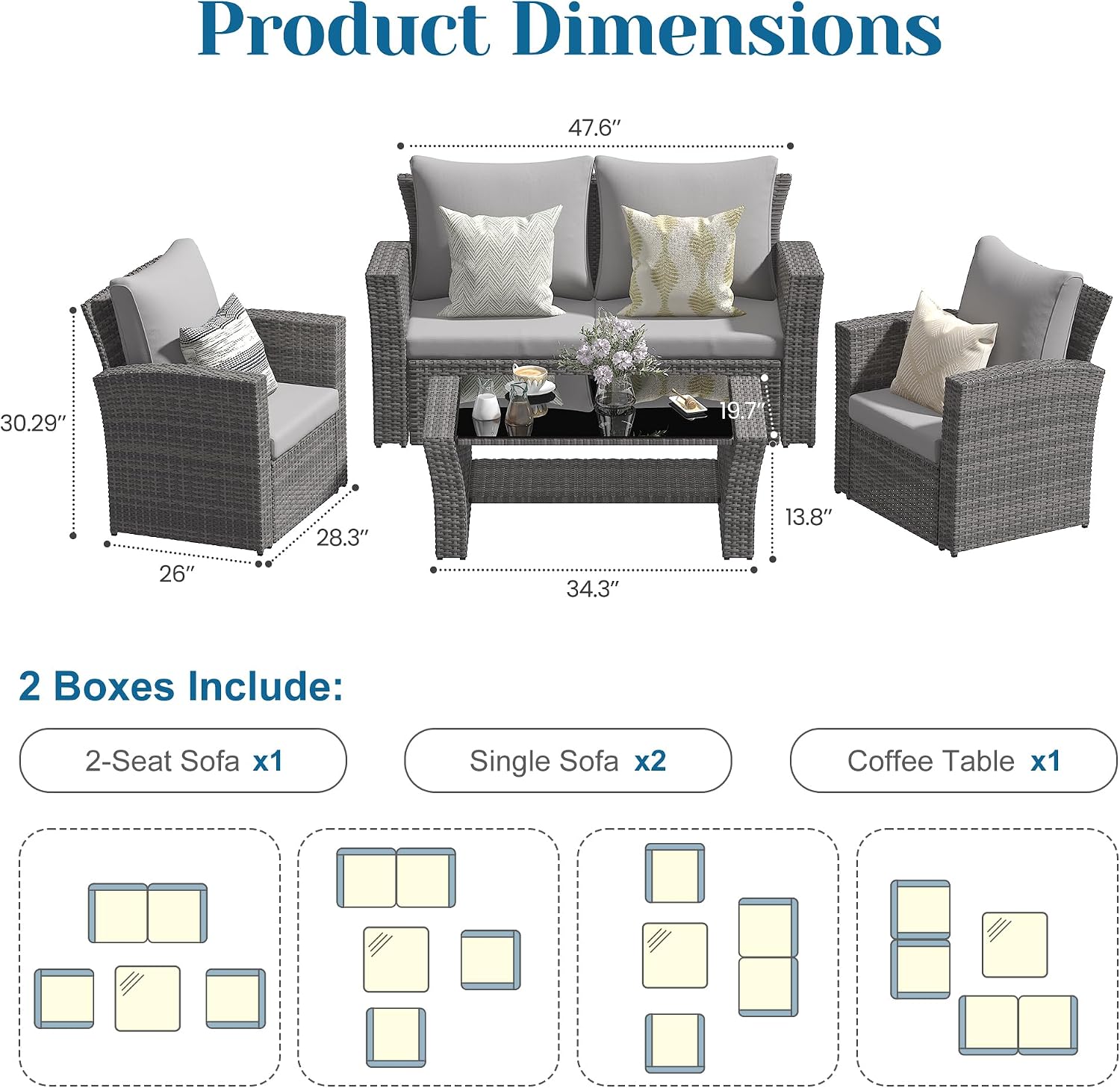 Solaste 4 Piece Outdoor Patio Furniture Set, Outdoor Sectional Sofa with Tempered Glass Coffee Table and Cushions, Wicker Rattan Patio Set for Backyard, Front Porch, Balcony, Gray