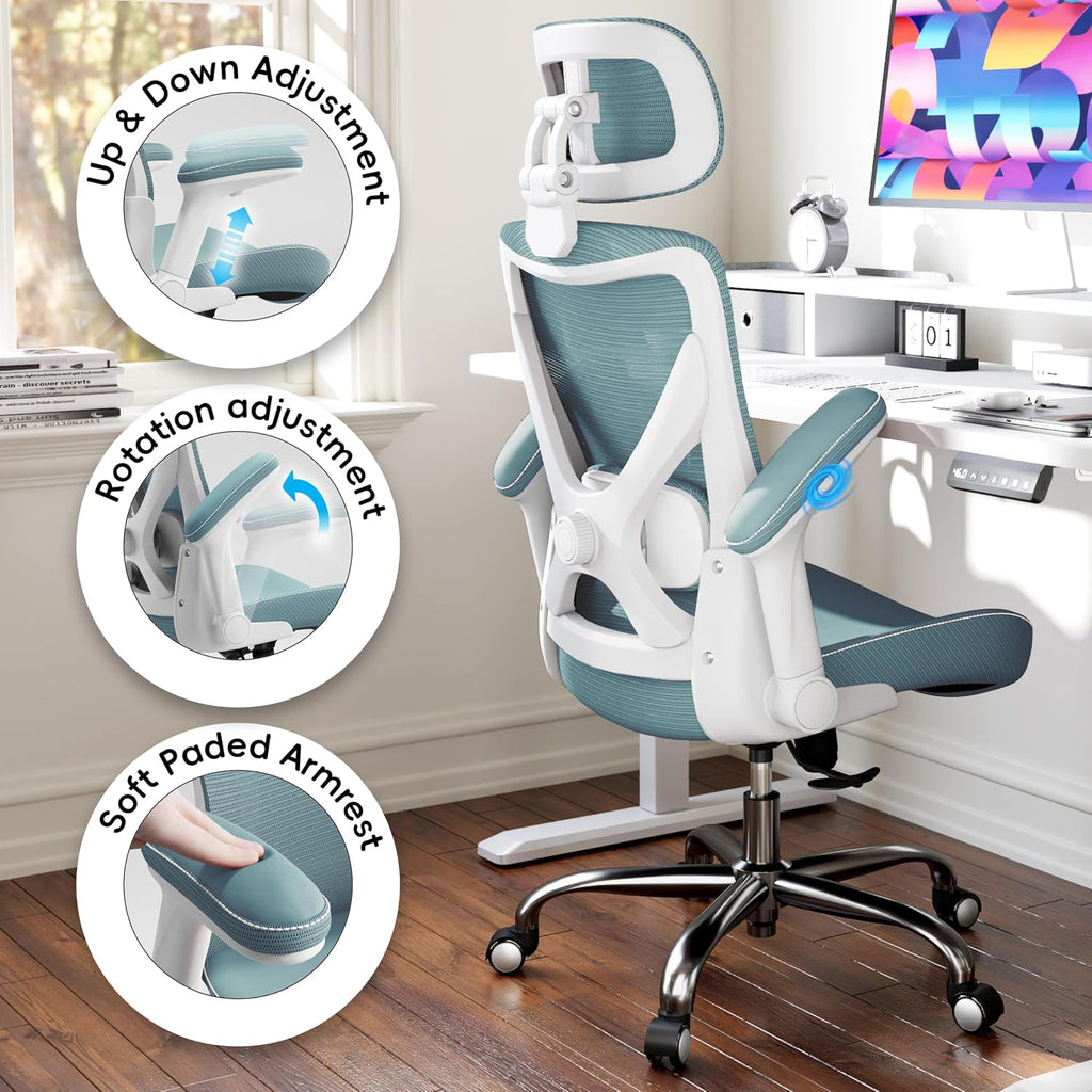 Ergalithic Office Home Ergonomic Desk Chair-Computer X-Shaped Chair Mesh PU Leather with Adjustable Lumbar Support-Executive Chair High Back with Headrest Flip-Up Arms for Long Hours (Sky Blue)