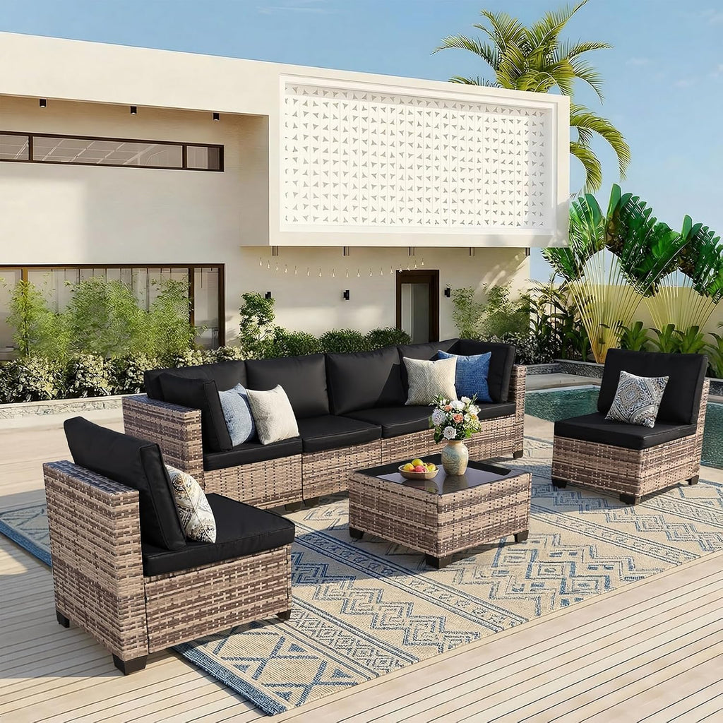 FHFO 7 Piece Outdoor Wicker Patio Furniture Set, Rattan Sectional Sofa Couch, Patio Conversation Set with Cushion & Coffee Table, for Backyard Poolside Porch Garden, Yellow-Black