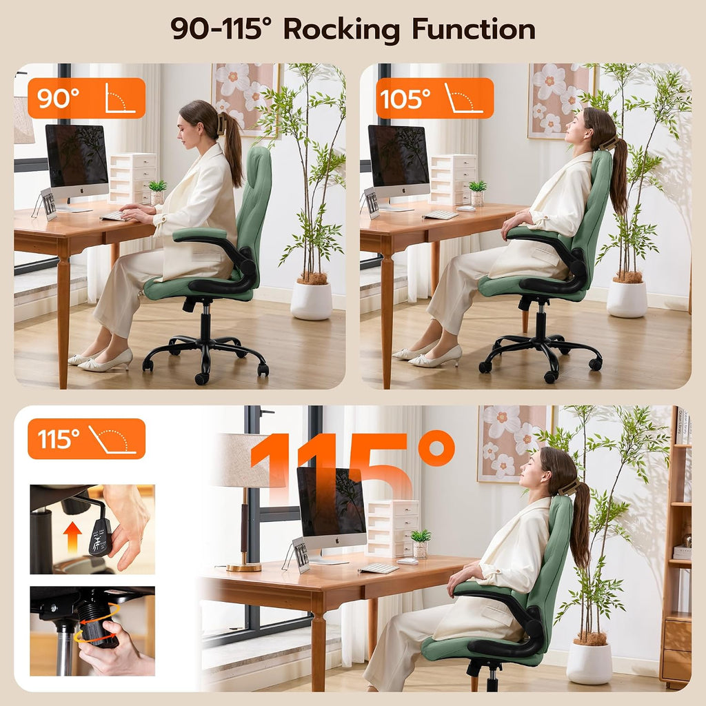 Ylzyxal Office Desk Chair, Ergonomic Computer Chair with Padded Flip-Up Arms and Adjustable Lumbar Support, PU Leather Executive Chair with Tilt Lock and 360° Swivel Rolling Wheels for Work, Study