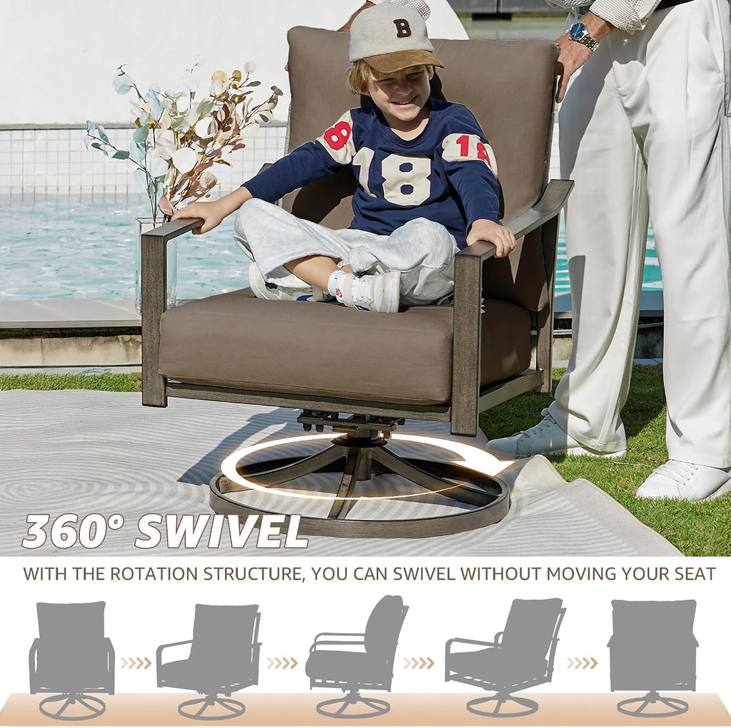 NATURAL EXPRESSIONS Patio Furniture Set,4 Piece Outdoor Conversation Metal Swivel Rocking Chairs Set with Hand-Woven Rope High Back,Sturdy Hand Brushed Wood Grain Finish Frame,6' Cushions for Yard