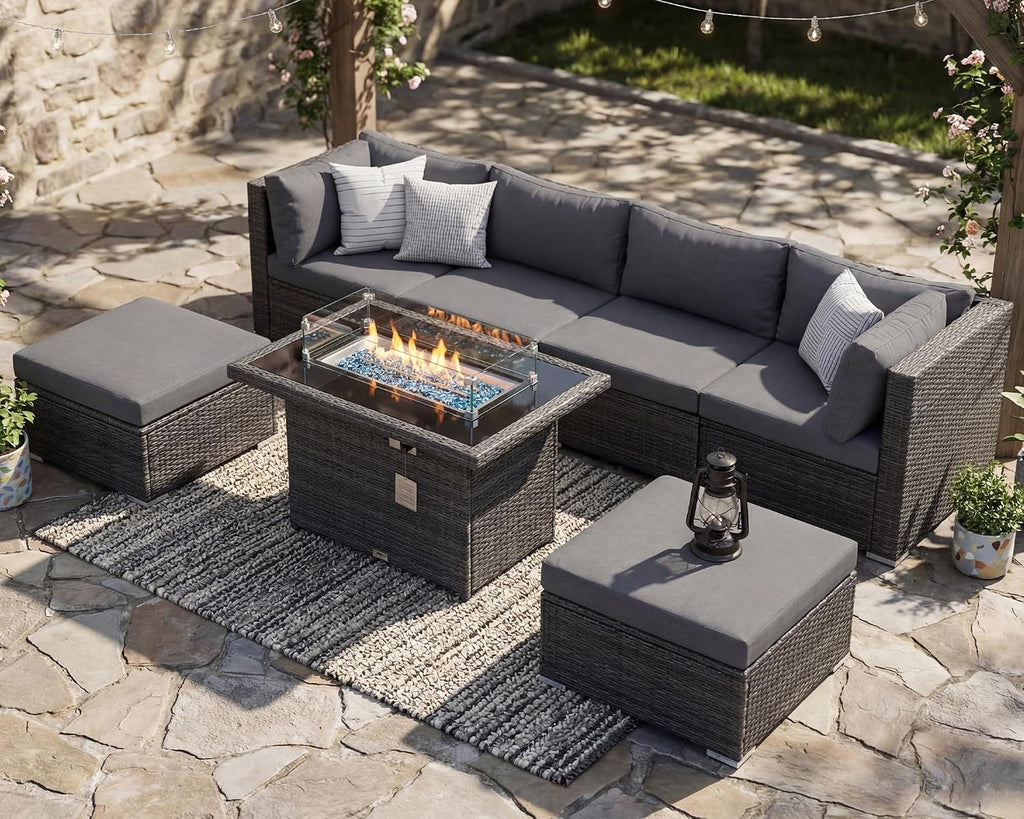 RADIATA 7Pcs Outdoor Patio Furniture Set with Fire Pit, Modern Comfortable Outside Sectional Couch High Back Oversized Wide Deep 6-Seats, Modular All-Weather Heavy Duty Wicker Sofa Set, Dark Grey