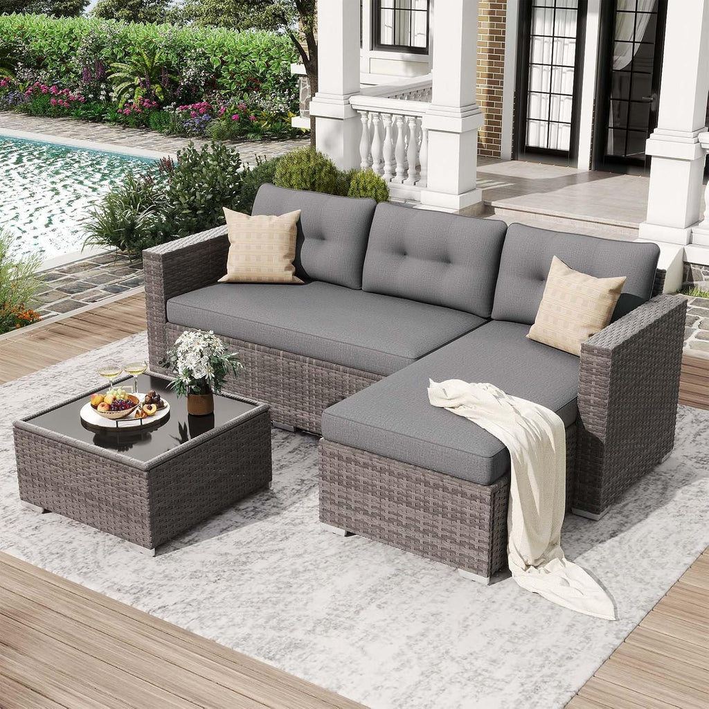 JOIVI 3-Piece Patio Furniture Set, Outdoor Wicker Rattan Sectional Sofa & Patio Couch with Cushions, Tempered Glass Coffee Table, All-Weather Sectional Set for Outdoor Patio, Gray