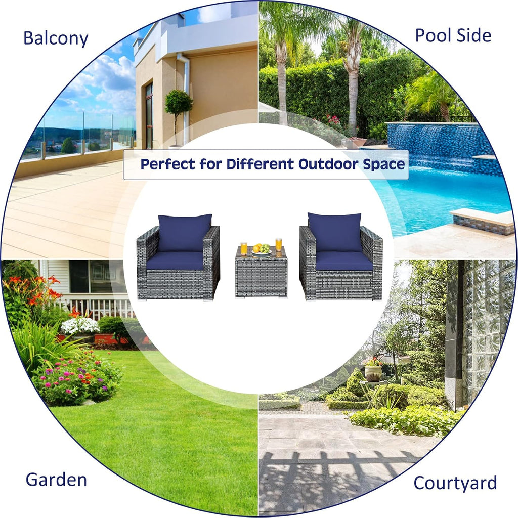 COSTWAY 3-Piece Patio Furniture Set, Outdoor Wicker Rattan Sofa with Cushions and Coffee Table, Conversation Chair Set for Poolside Backyard Balcony Lawn (Navy)