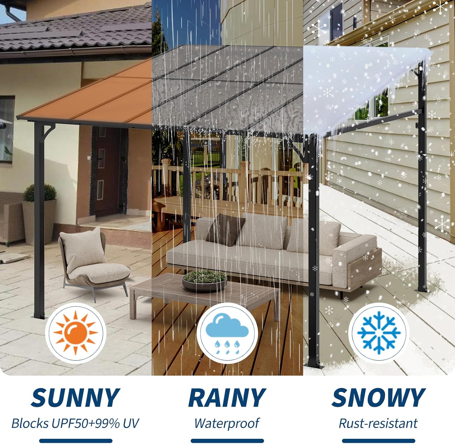 Garvee 10x10 ft Outdoor Lean to Gazebo, Wall Mounted Patio Hardtop Gazebo Pergola with Polycarbonate Roof, Upgraded Steel Frame Hardtop Pavilion for Patio, Garden, Lawn, Deck