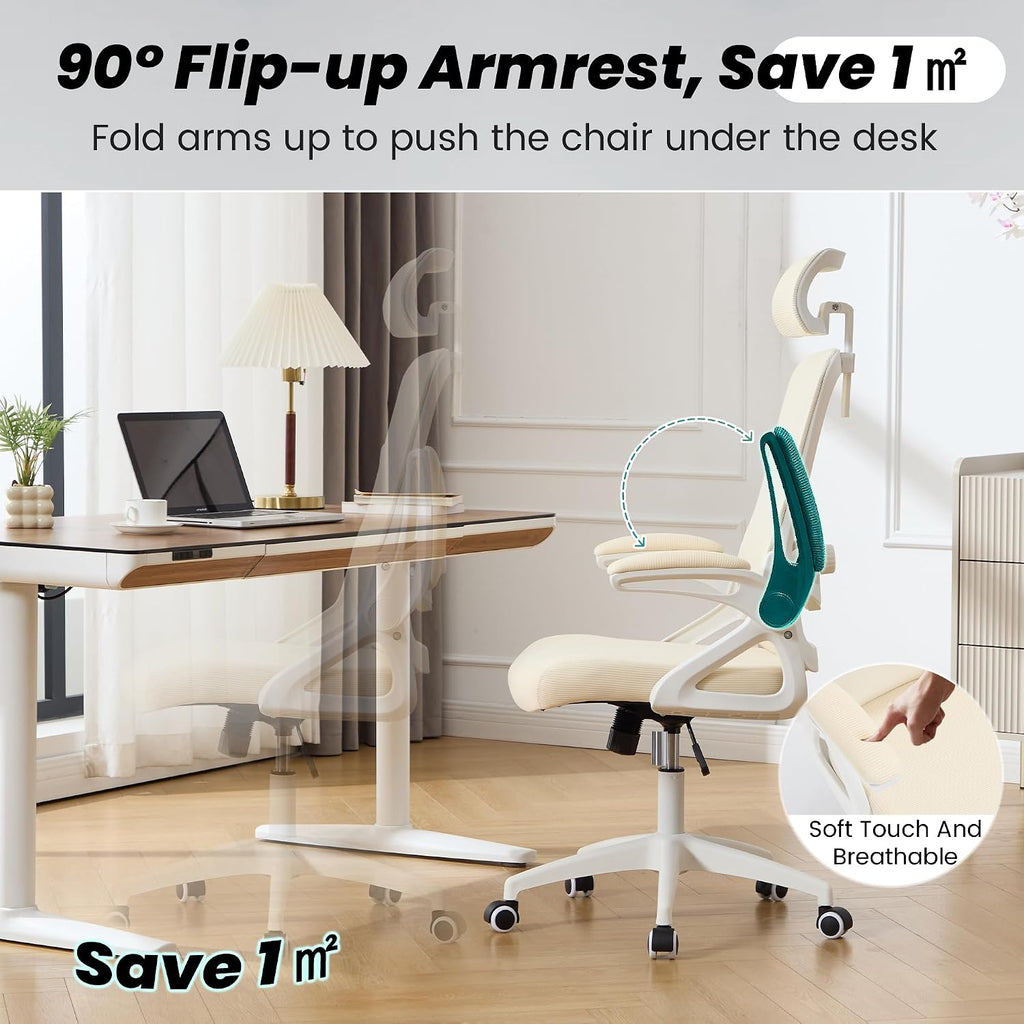 Fizzin Ergonomic Office Chair, 400 LBS Computer Chairs with Adjustable Lumbar Support, Breathable Mesh Desk Chair Ergonomic with Thickened Cushion, Comfy Home Office Desk Chair (Buff Beige)