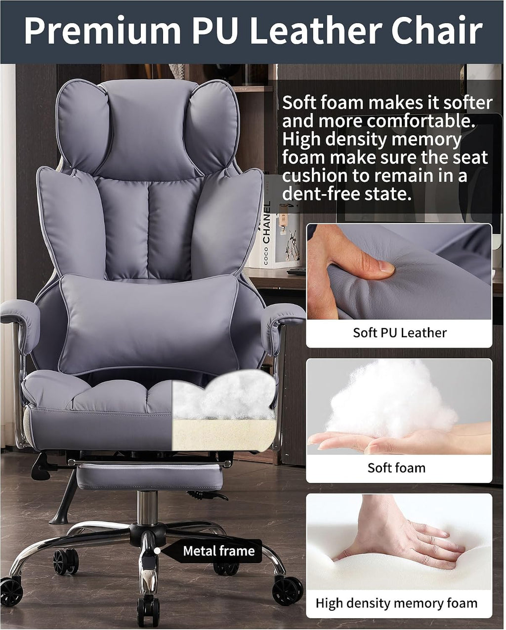 Efomao Big and Tall Office Chair 440LBS, Purple Heavy Duty Executive Chair with Footrest, Ergonomic Desk Chair for Home Office, Wide Computer Chair