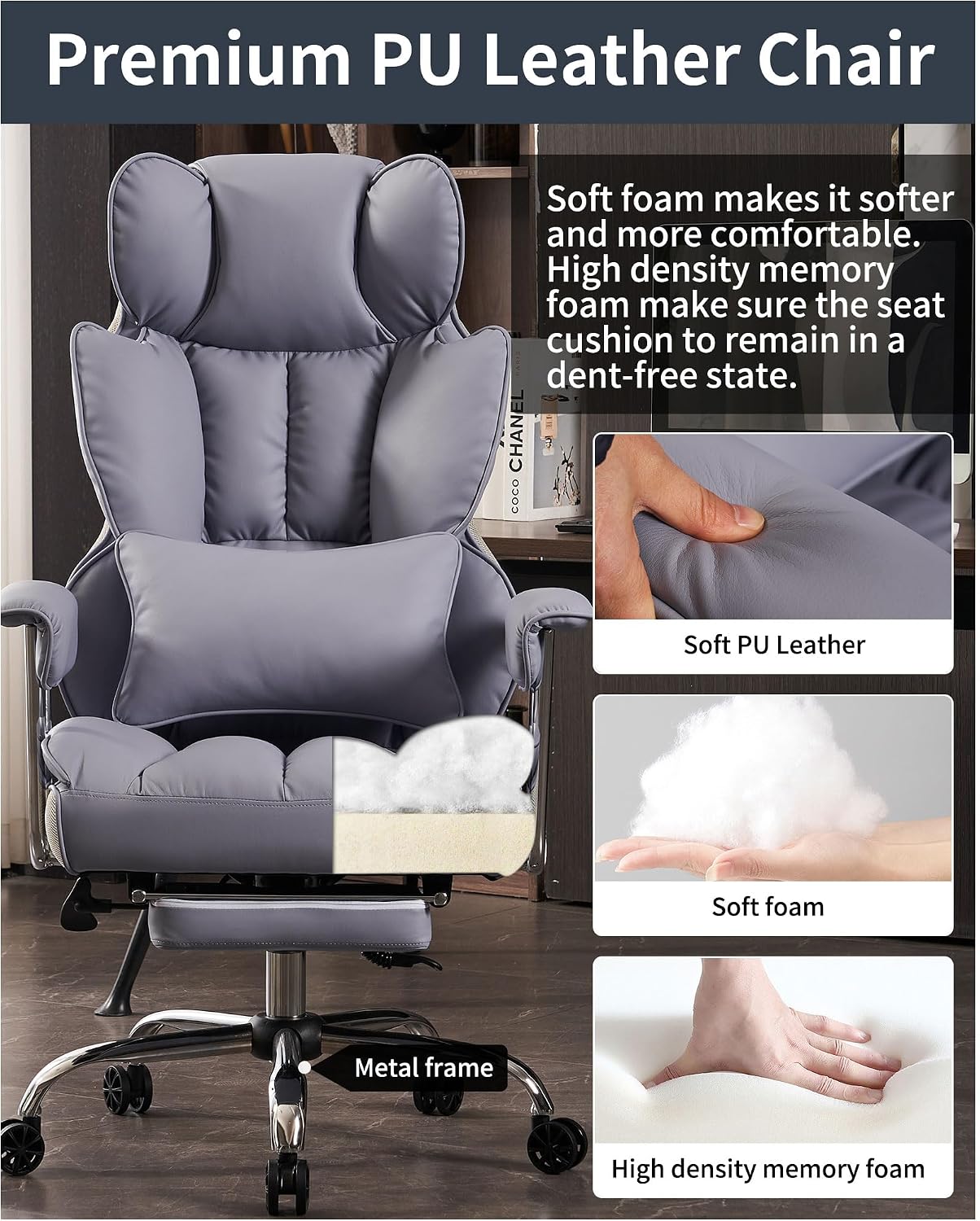 Efomao Big and Tall Office Chair 440LBS, Purple Heavy Duty Executive Chair with Footrest, Ergonomic Desk Chair for Home Office, Wide Computer Chair
