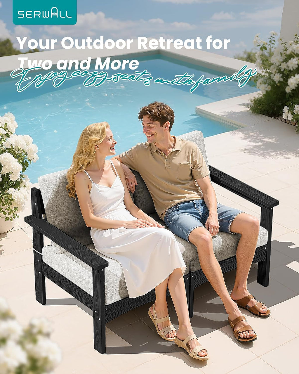SERWALL HDPE Patio Loveseat Sofa, 2 Pieces Single Sofa, Weather-Resistant Outdoor Furniture Chair with Thick Removable Cushion, Balcony, Garden, Backyard, Poolside, Black Frame with Khaki Cushion