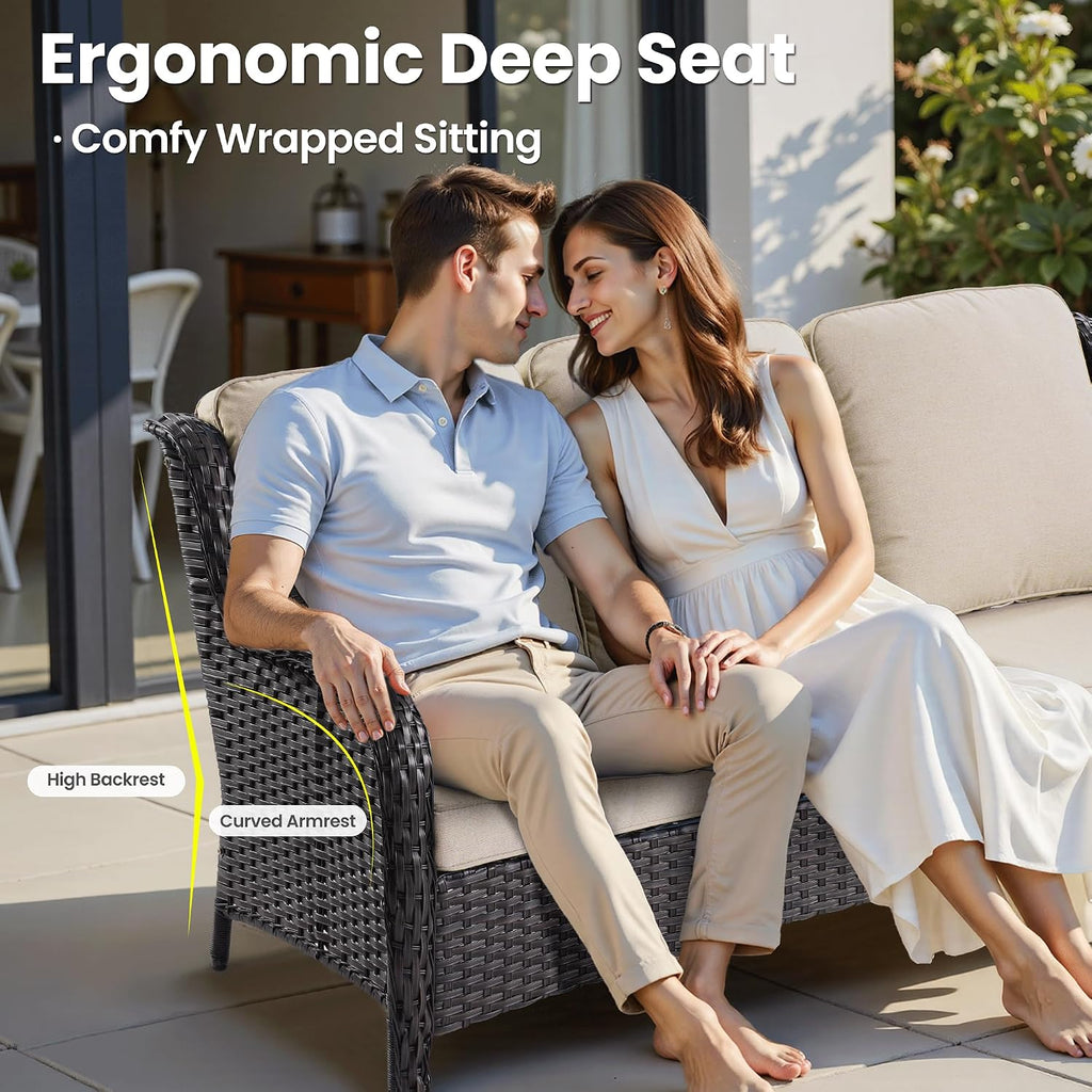 ovios 6-Pieces Patio Furniture Set, Outdoor Wicker Sofa Couch with Swivel Glider Chairs Comfy Cushions, High Back Modern Conversation Set, Brown Rattan, Beige
