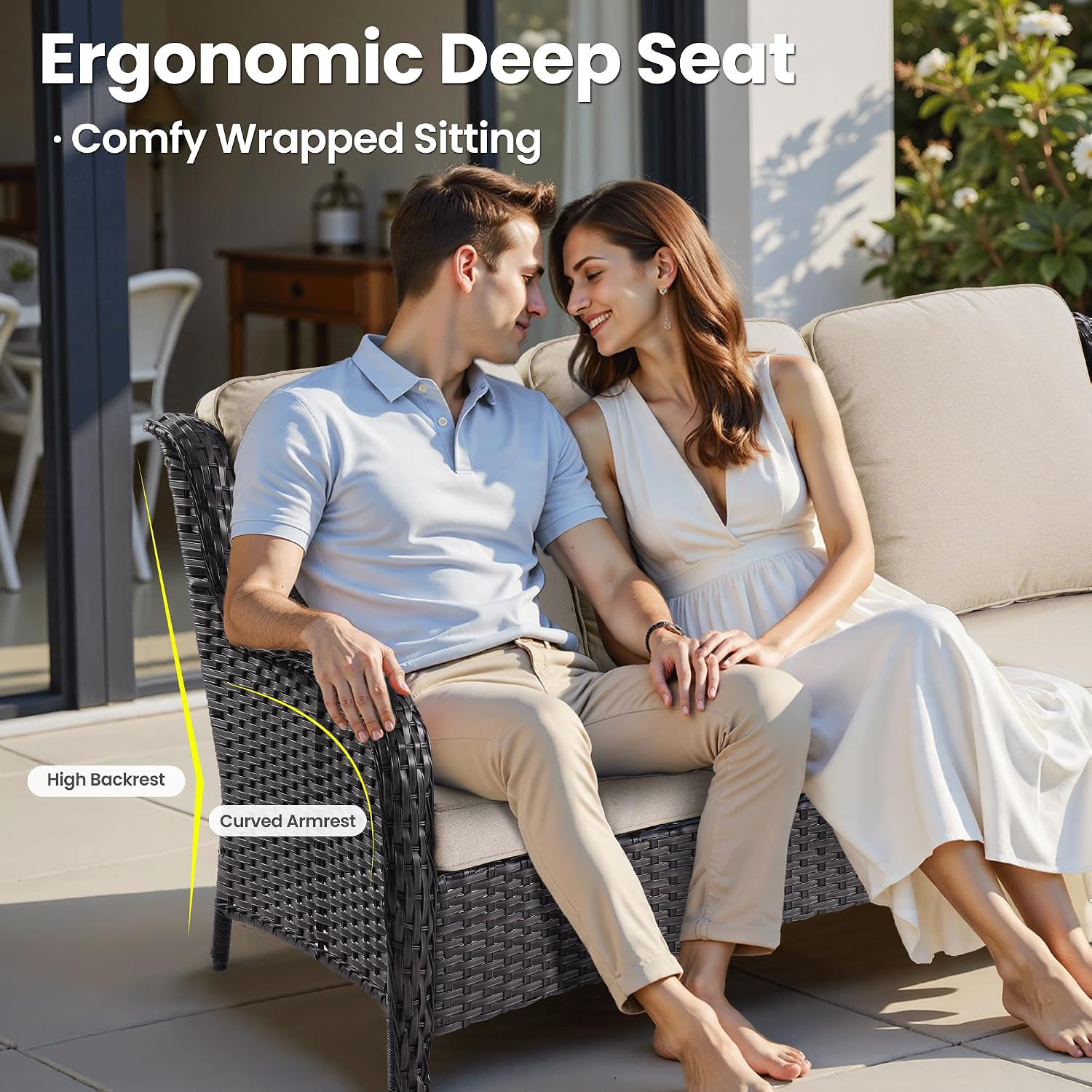ovios 6-Pieces Patio Furniture Set, Outdoor Wicker Sofa Couch with Swivel Glider Chairs Comfy Cushions, High Back Modern Conversation Set, Brown Rattan, Beige