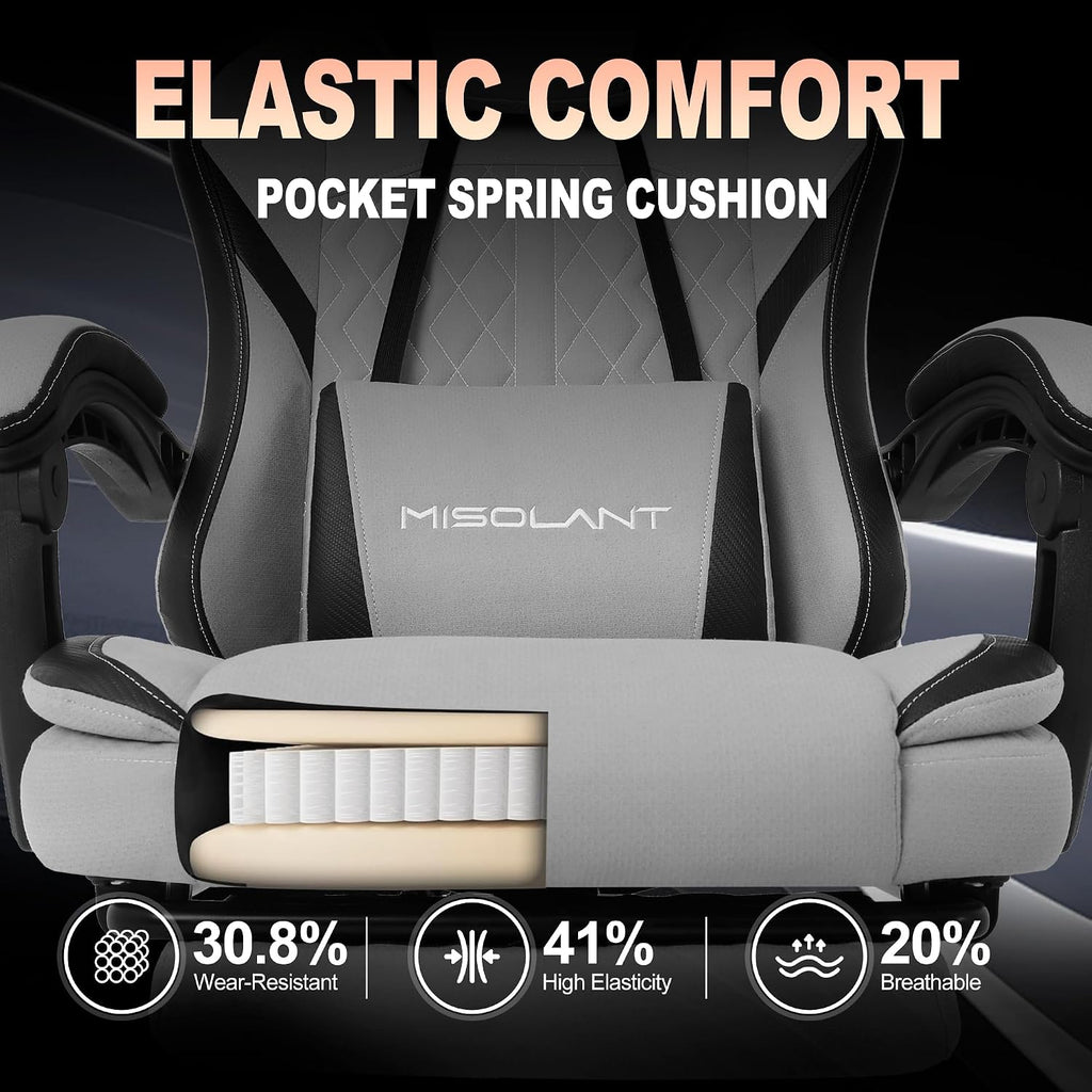 Misolant Gaming Chair, Fabric Gamer Chair with footrest for Adults, High Back Ergonomic Computer Game Chair with Adjustable Headrest and Massage Lumbar Support, 90-155° Recline Free, Gray