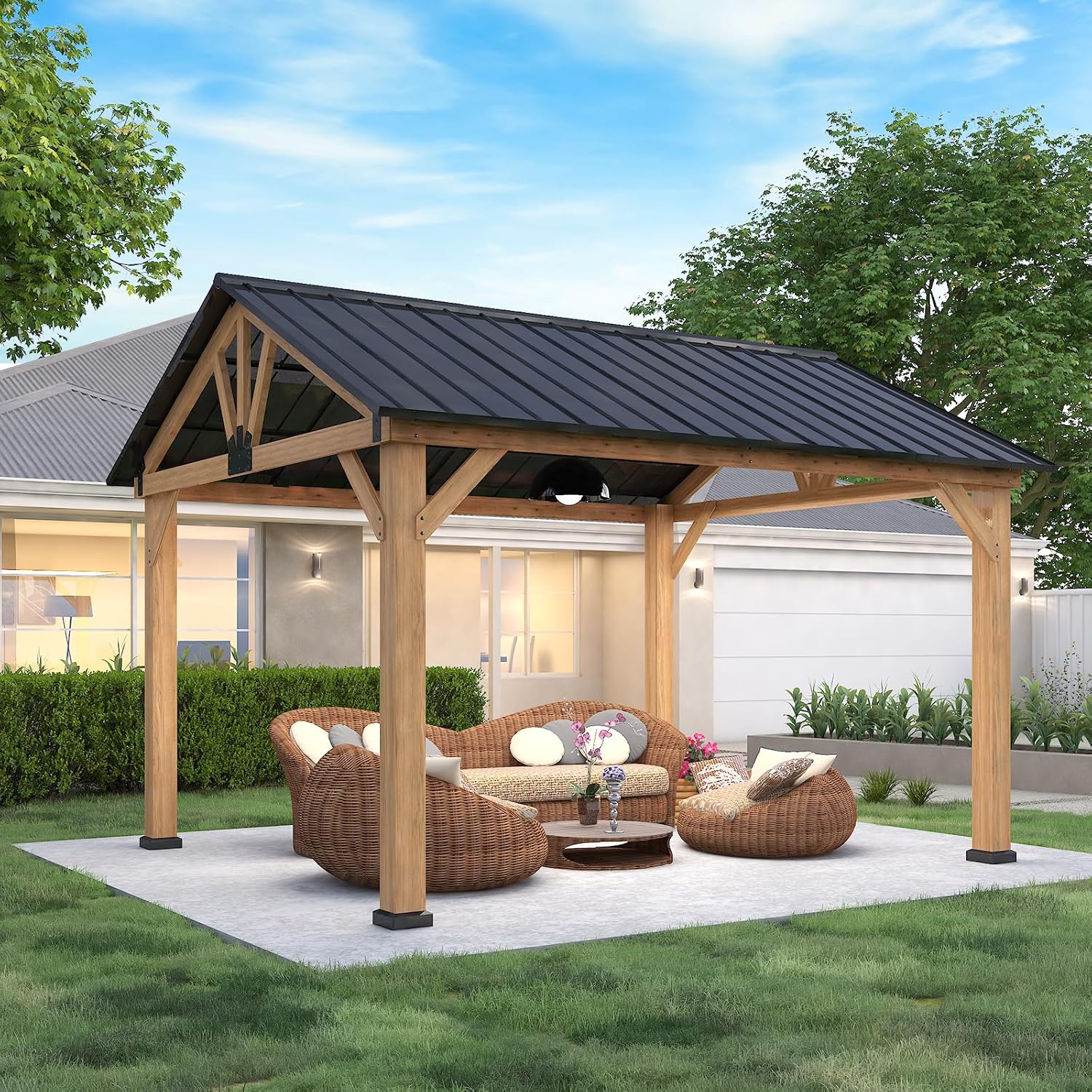 11x13 Hardtop Gazebo, Galvanized Steel Gable Roof Outdoor Pavilion with Cedar Wood Frame, Patio Gazebo for Deck, Garden, Lawn, Natural Wood/Black