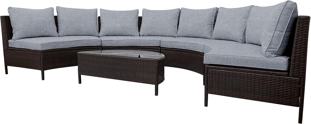Merax 5-Piece Outdoor Sectional Sofa Set, All-Weather PE Wicker Patio Furniture with Tempered Glass Table, Half-Moon Conversation Set for Garden, Deck, Backyard Living Area,Grey