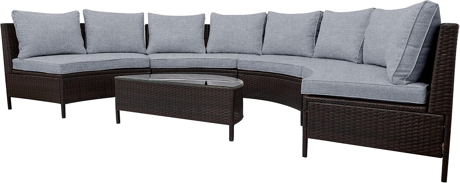 Merax 5-Piece Outdoor Sectional Sofa Set, All-Weather PE Wicker Patio Furniture with Tempered Glass Table, Half-Moon Conversation Set for Garden, Deck, Backyard Living Area,Grey