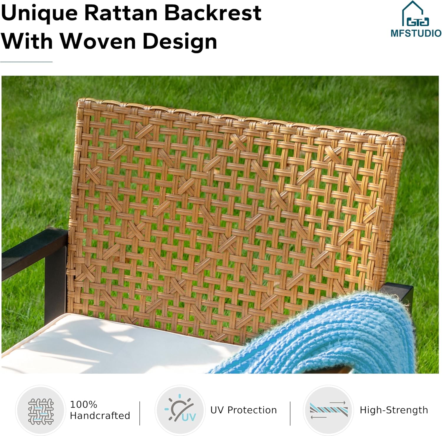 MFSTUDIO 4 Pieces Outdoor Patio Furniture Set, Outdoor Small Brown Rattan Sofa with Acacia Wood Table & Chairs, Patio Loveseat Furniture Set for 4, Beige