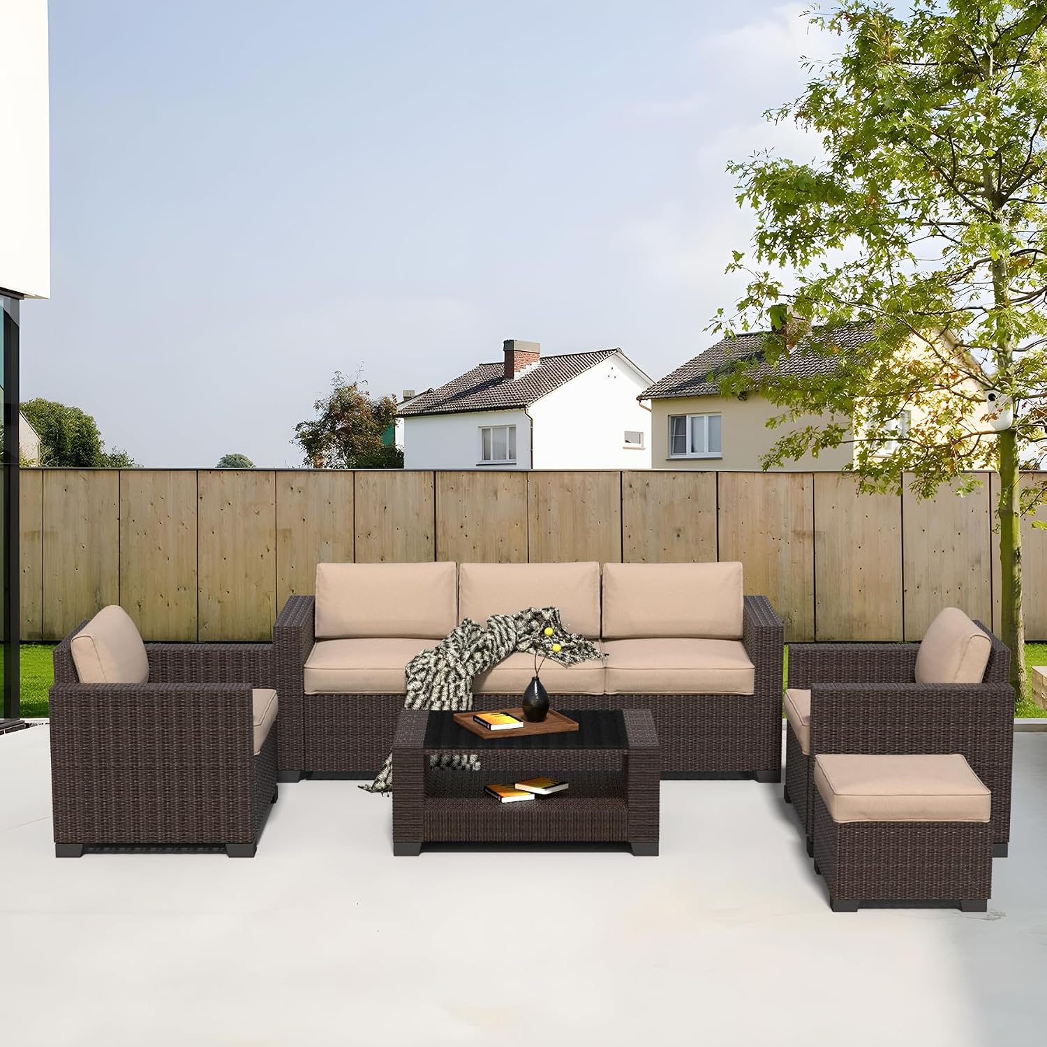 YLGJ&TIDY 7 PCS Outdoor Wicker Furniture Set Sectional Rattan Sofa Couch with Thick Cushions Glass Top Coffee Table Patio Conversation Set for Garden Backyard (Dark Brown Rattan & Khaki)
