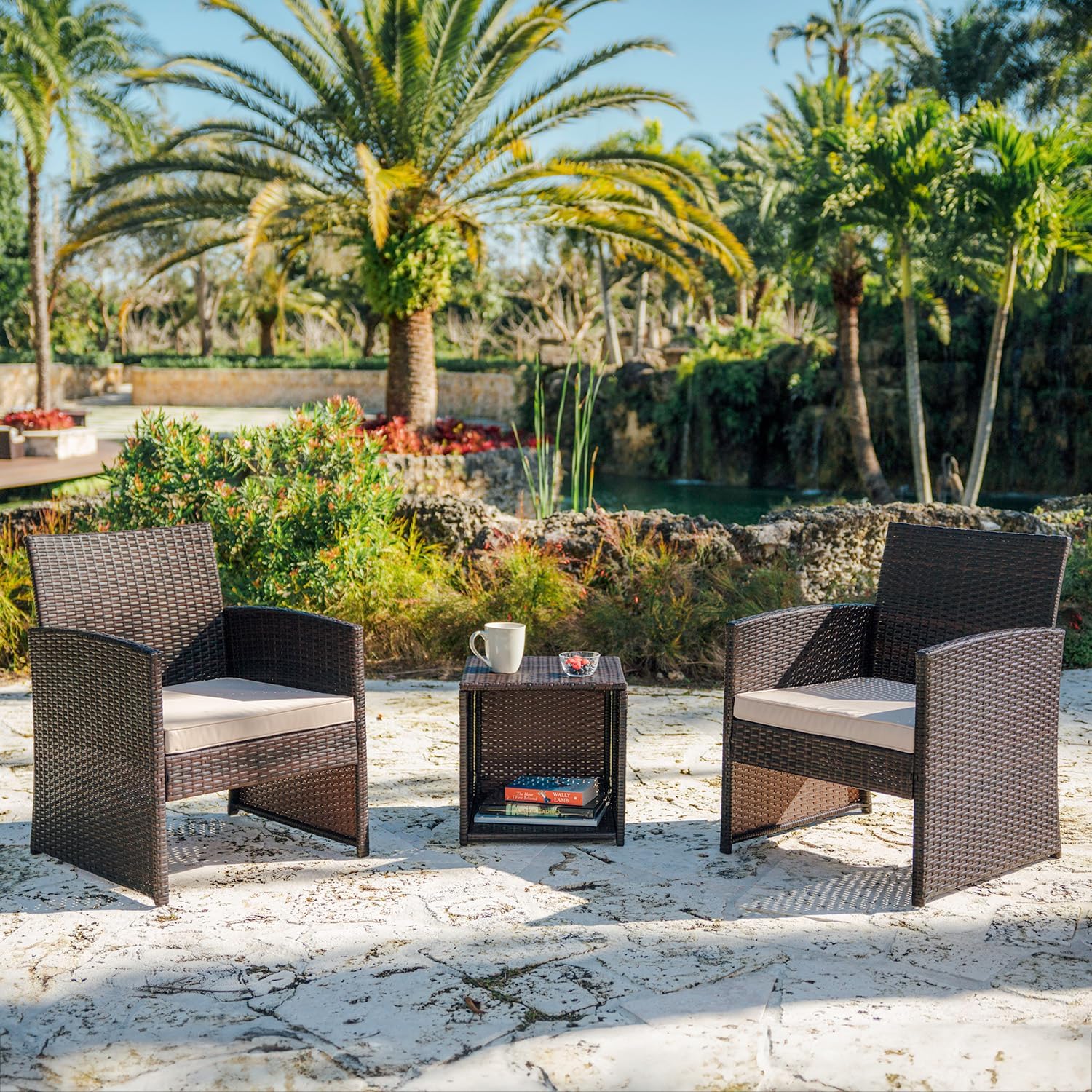 Nestl Wicker Patio Furniture Set - 3 Piece Bistro Table and Chairs Set of 2, Front Porch Furniture Set, Patio Chairs Set of 2, Outdoor Patio Set, Patio Conversation Sets (Brown/Beige)