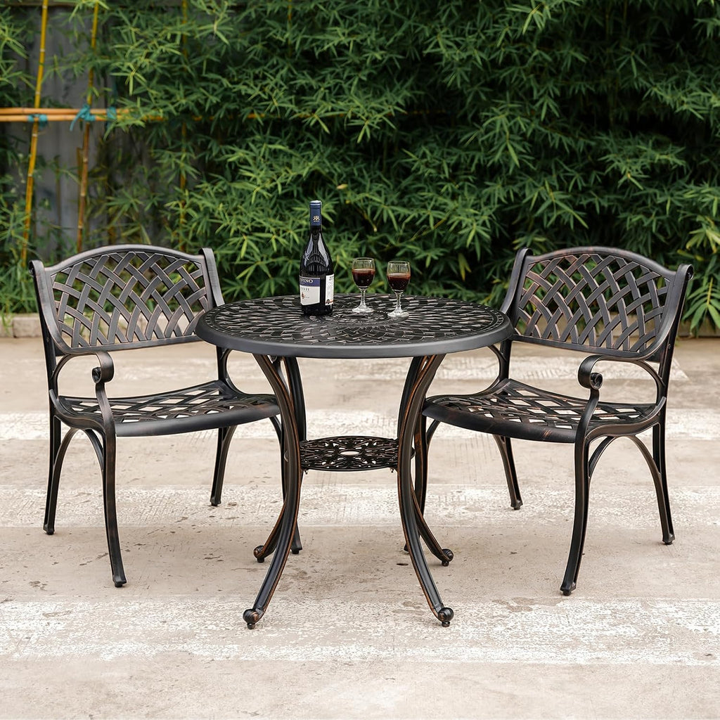Cast Aluminum Patio Dining Set, Outdoor Bistro Set, 31.5' Round Outdoor Dining Table with Umbrella Hole, 2 Patio Chairs for Yard Porch Garden Balcony