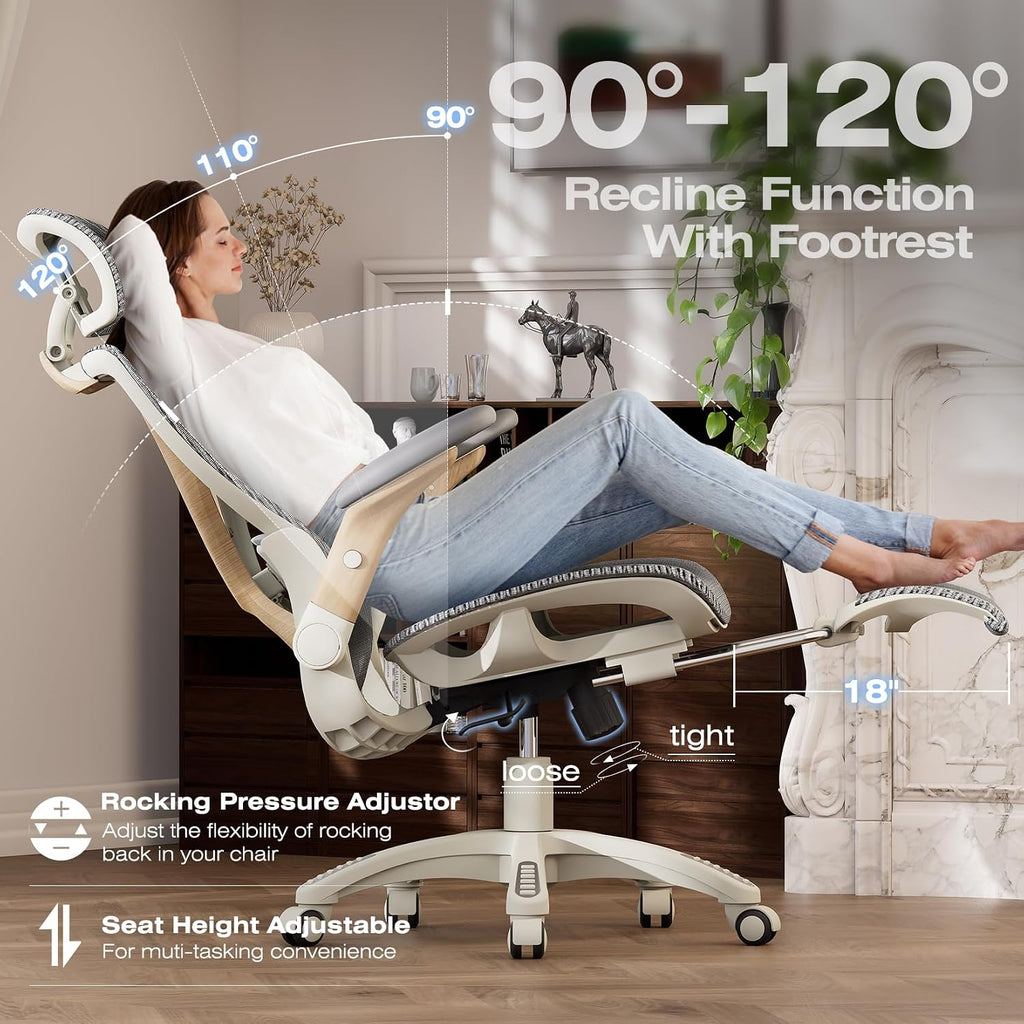 ELABEST X100 Ergonomic Office Chair with Footrest, Big and Tall Home Desk Chair with 5D Flip-Up Arms, Adjustable 3D Lumbar Support,High Back Rolling Computer Chair, Swivel Mesh Chairs (Foggy Morning)