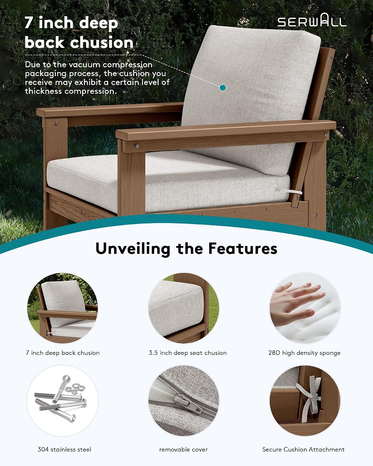 SERWALL HDPE Patio Conversation Set, 6-piece Sectional Outdoor Furniture Set, All Weather Outdoor Couch Set Patio Furniture Set for Deck, Lawn, Grey Frame with Khaki Cushion
