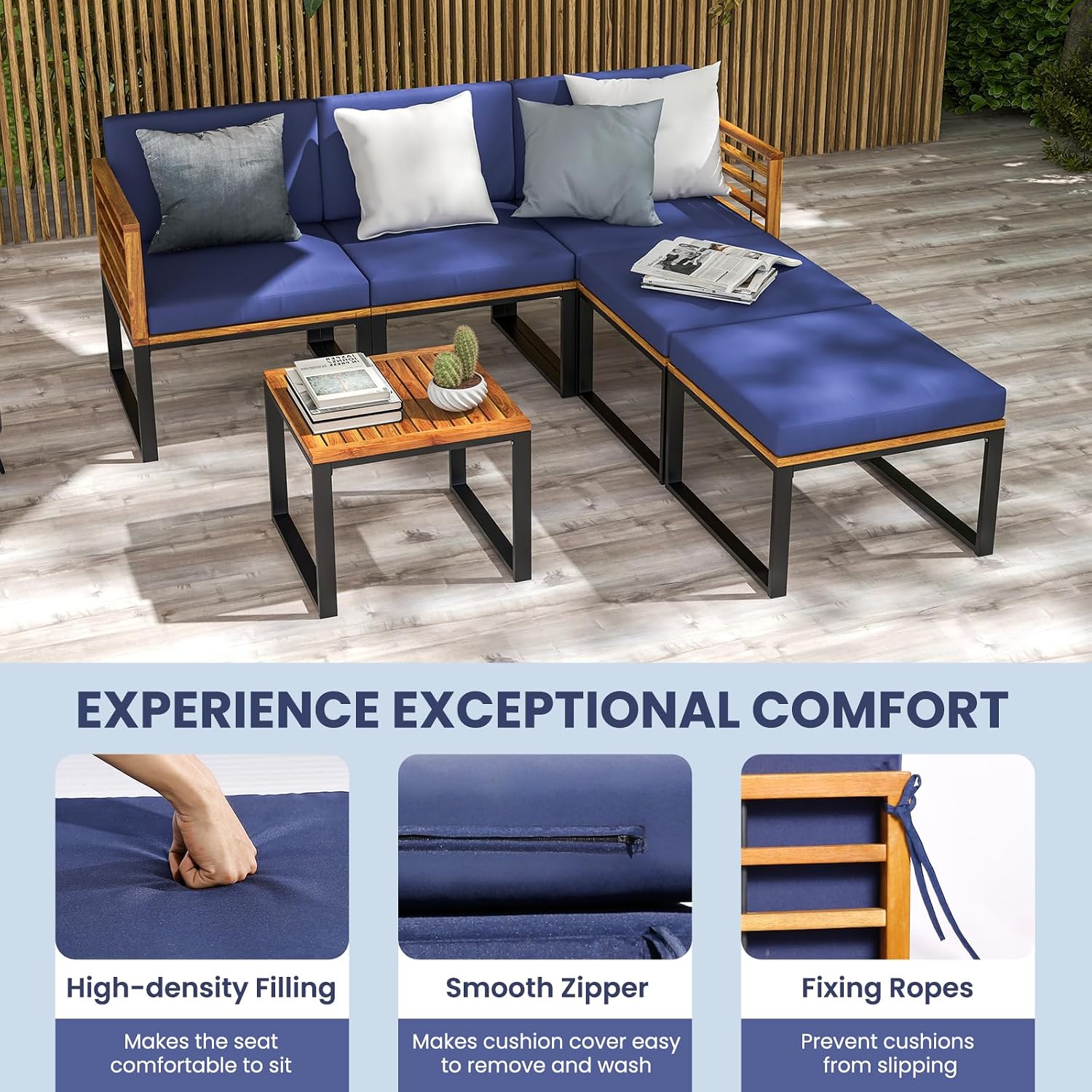 Tangkula 6 Pieces Acacia Wood Patio Furniture Set, Outdoor Sectional Conversation Sofa Set with Cushions, Coffee Table and Ottomans, Metal Frame Patio Sofas for Garden, Poolside, Backyard, Navy