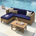 PHI VILLA Sectional Outdoor Couch, L-Shaped Wicker Patio Sofa Set, Small Rattan Patio Furniture Set with Acacia Wood Coffee Table for Deck Porch, 4 Seats, Navy Blue Cushion