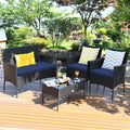 Tangkula 4 Piece Patio Furniture Set, Outdoor Wicker Conversation Set with Tempered Glass Coffee Table, Rattan Loveseat & Chairs Set with Seat Cushions for Backyard, Garden, Poolside (1, Navy)