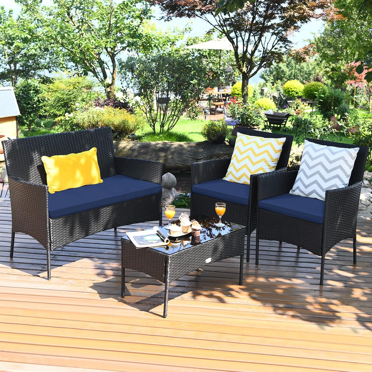 Tangkula 4 Pieces Patio Furniture Set, Outdoor Wicker Conversation Set with Tempered Glass Tabletop, Rattan Sofa and Chairs Set with Off White & Navy Cushion Covers