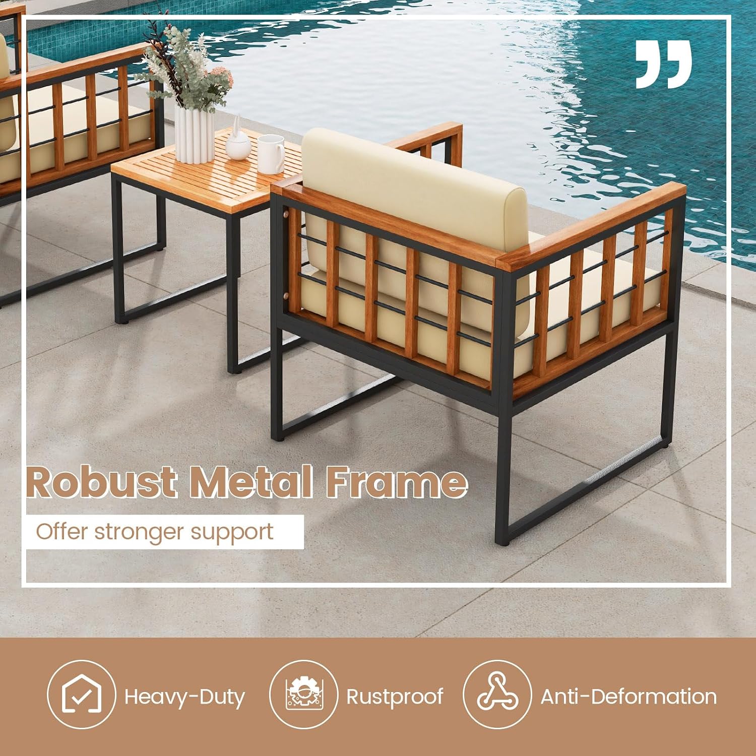 Tangkula 3 Pieces Patio Chair Set, Acacia Wood Outdoor Sofa Set with Metal Support, Soft Seat & Back Cushions Included, Cushioned Bistro Set for Balcony, Porch, Backyard (Beige)