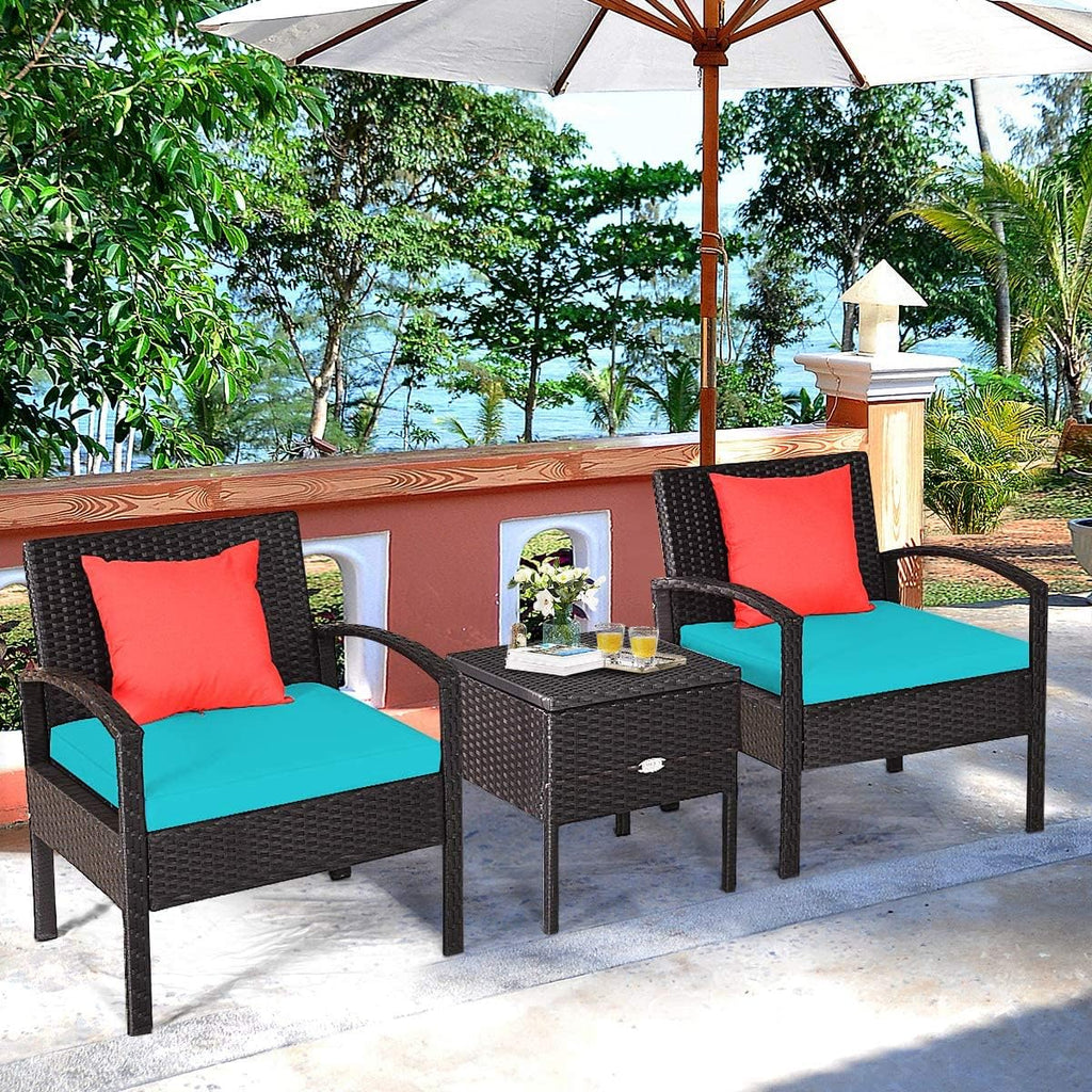 HAPPYGRILL 3 Piece Patio Furniture Set Rattan Wicker Sofa Set with Removable Cushions and Coffee Table, Outdoor Conversation Bistro Chairs Set with Storage Table for Garden Poolside Balcony